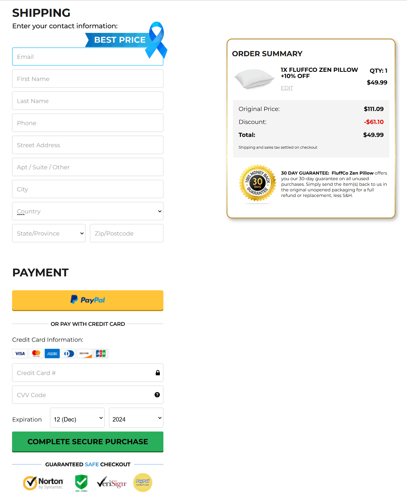 FluffCo Zen Pillows checkout page